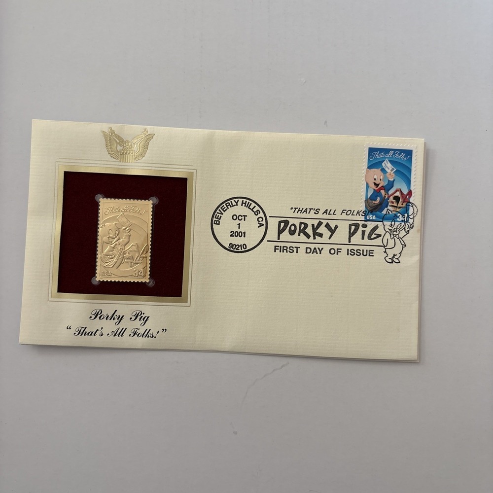 Porky Pig Thats All Folks 22kt Gold Replica Stamp First Day Issue 2001